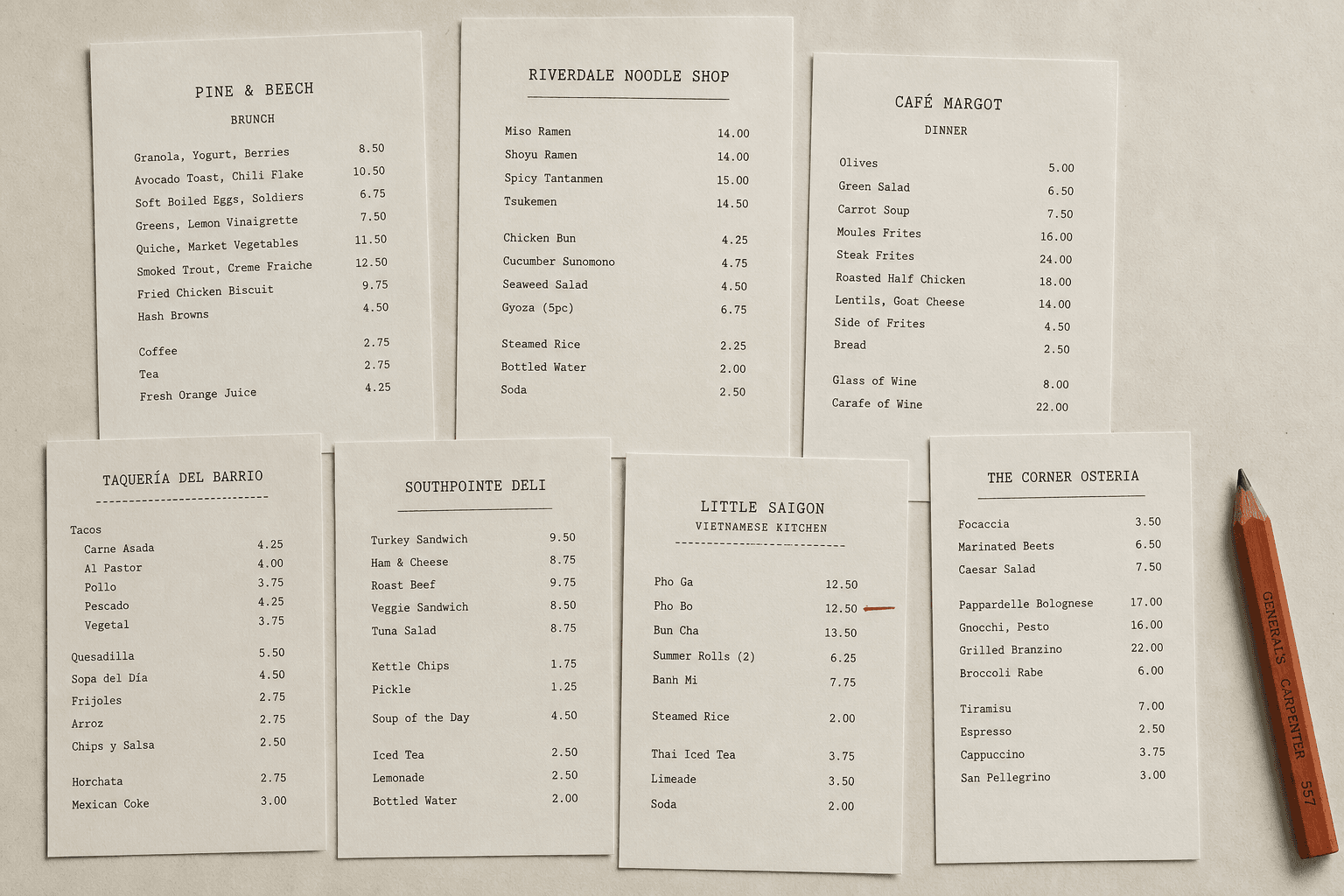 Seven printed neighborhood restaurant menus laid out on warm paper, dense with dish names and prices, one price marked in terracotta pencil